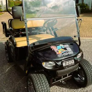 A six seater luxurious golf cart in black color